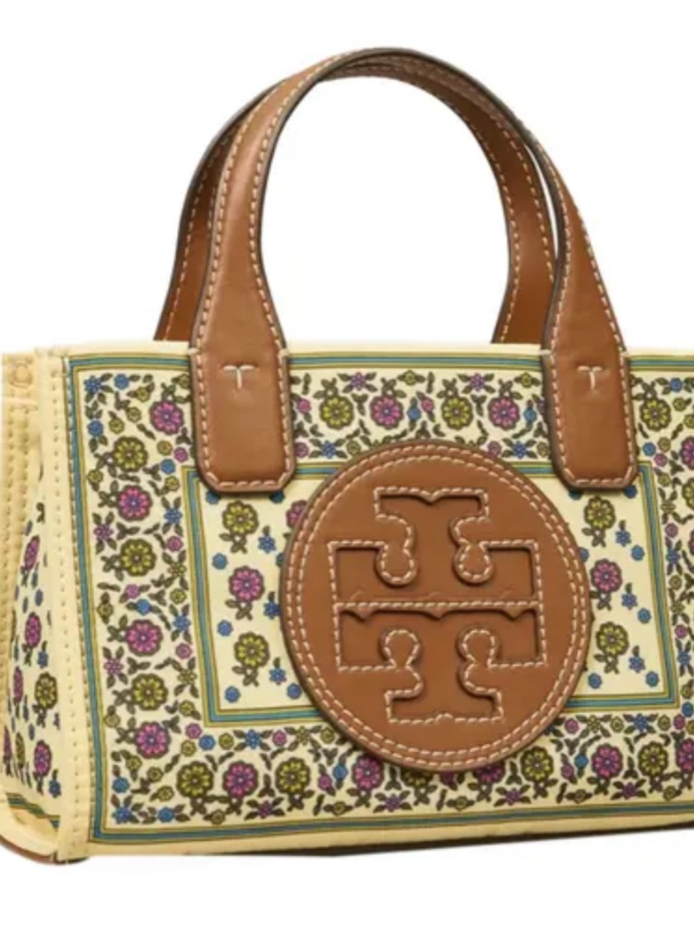 Tory Burch Cream Floral Canvas Mini Tote with Brown Leather Trim